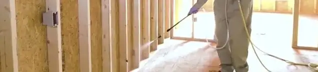 Termite treatment technician applying spray along framing and unfinished walls in Tacoma, WA