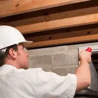 Termite inspection technician checking a basement wall and framing for termite activity in Tacoma, WA